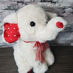 White Plush Stuffed Elephant Red Silky Ears w/ Hearts Trunk Up WALMART SITS 12"
